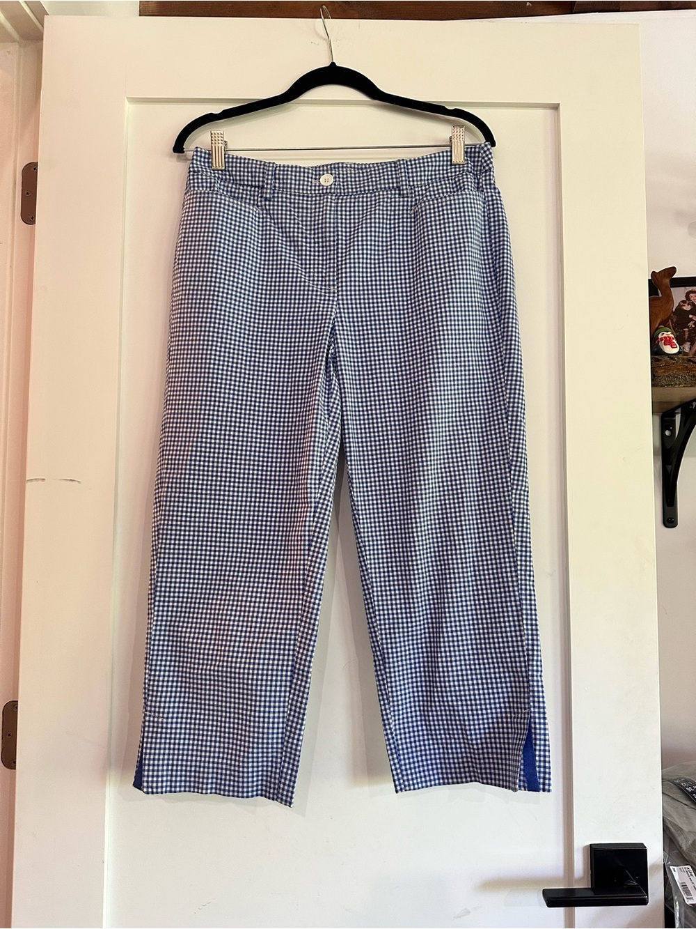 Talbots Perfect Skimmer Blue & White Gingham Cropped Pants with Side Slit